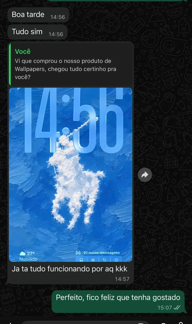 Mensagem de cliente satisfeito no WhatsApp