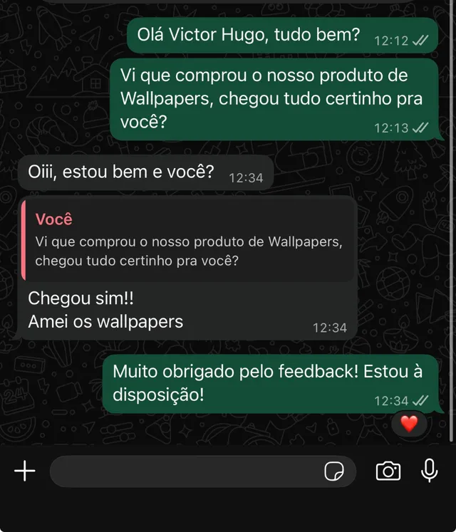 Mensagem de cliente satisfeito no WhatsApp
